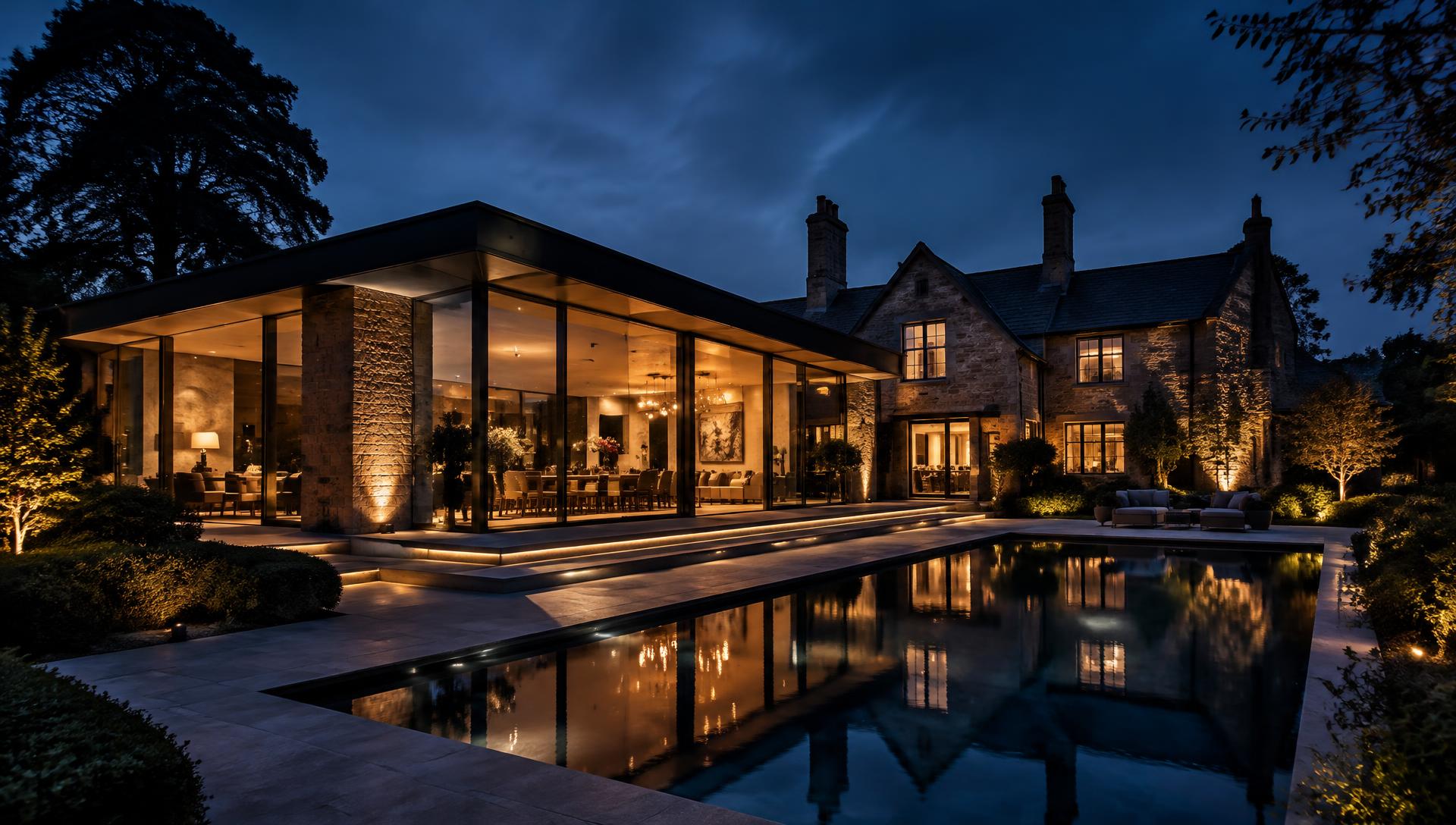 Contemporary glazed extension of an English country house at dusk