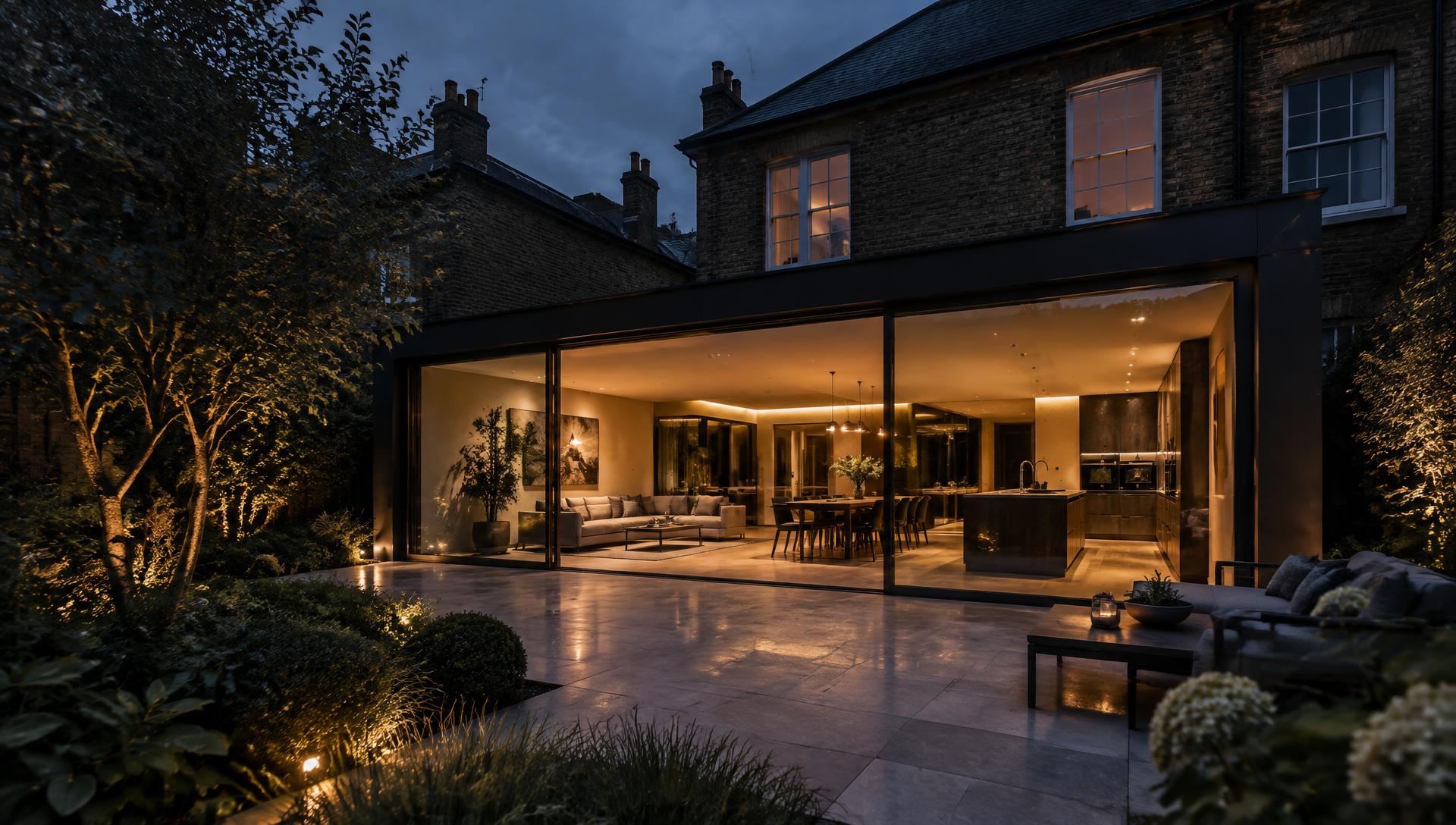 Modern glazed rear extension on a London brick house at dusk